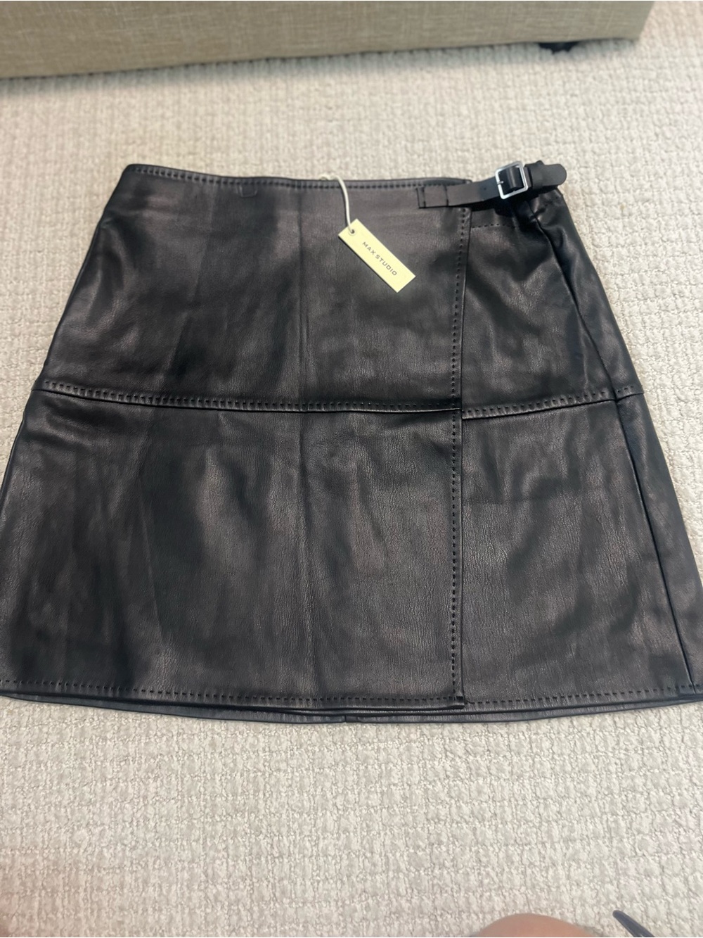 Max Studio Black Faux Leather Mini Skirt with Buckle